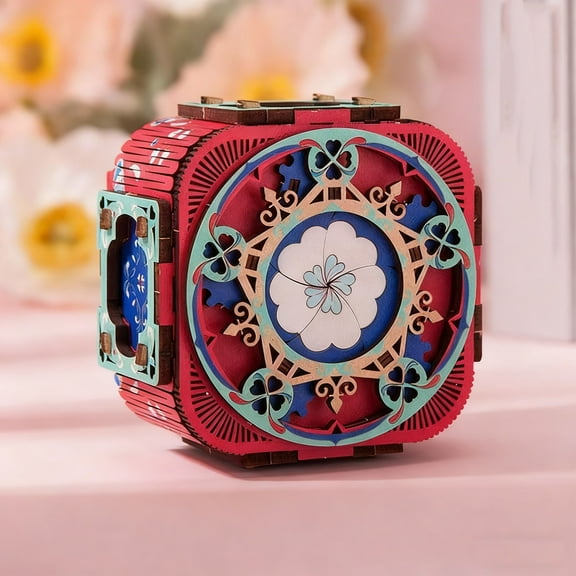 Wooden Music Box DIY 3D Puzzle Mechanical Craft Kit with Four Leaf Clover Design Hand Crank Melody Gift for Valentine's Anniversary Birthday Romantic Present