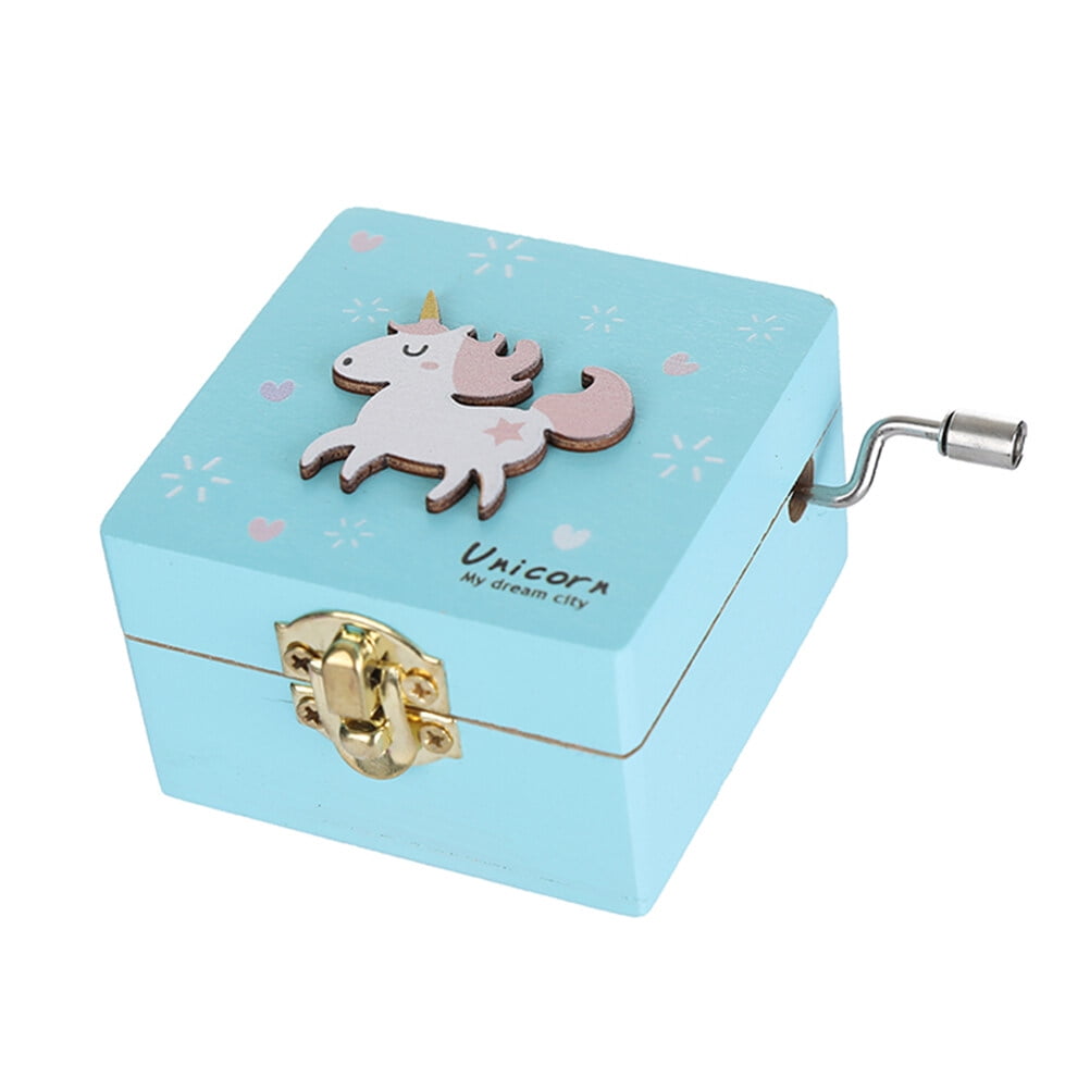 Wooden Music Box Hand cranked Unicorn Pattern Miniature Wind Up Handmade Mechanical Rotation Box for Birthday Valentine s Gift C