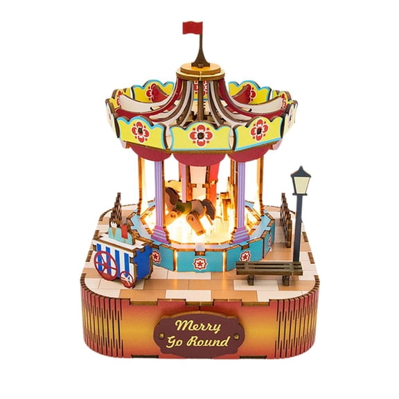 Wooden Music Box Puzzle for Adults, 3D Rotating Musical Kit with LED Lights, USB Powered Desk Craft