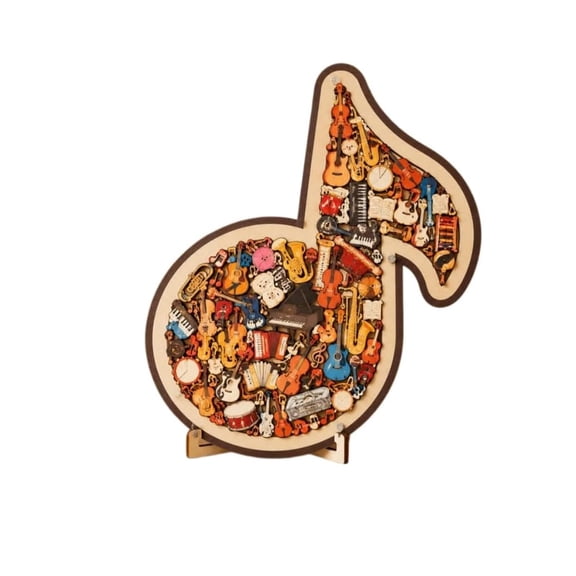 Wooden Music Note Puzzle Ornament, Musical Instrument Themed Jigsaw with Stand, Creative Home Tabletop Decor and Relaxing Puzzle Gift