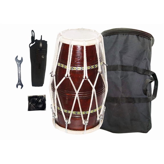 Wooden Musical Dholak Instrument Drum With Kit Carry Bag | Dholak For Festival, Wedding, Satsang - Very Easy To Tune, Suitable For Intermediate To Professional Level Players