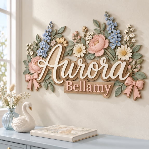 Wooden Name Sign Floral Bow Theme Personalized Wall Decor Nursery ...