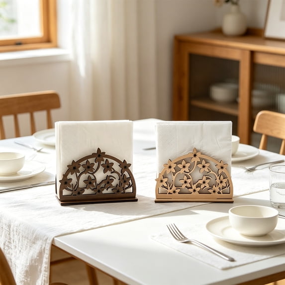 Wooden Napkin Holder Openwork Vine Design Beige • Elegant Tabletop Tissue Stand • Floral Cut-Out Desktop Dispenser Ideal Kitchen Dining Room Decor