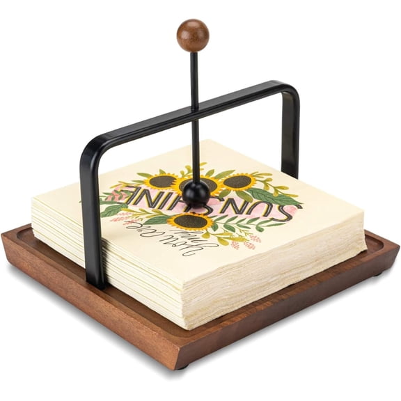 Wooden Napkin Holder for Table, Rustic Kitchen Decor for Counter, Cocktail Flat Napkin Holder with Weighted Arm and Handle for Kitchen, Hotel, Cafe, Bar