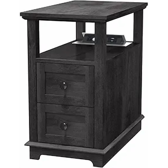 Narrow End Table with Flip Top Charging Station and 2 Drawers, Type-C & USB Port & Power Outlets, Wooden Storage Cabinet for Living Room and Bedroom