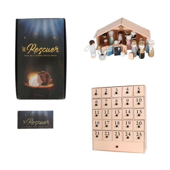Wooden Nativity Advent Calendar, 25-Day Reusable Countdown Chest with Creche Figurine Set for Christmas Gift for Believers