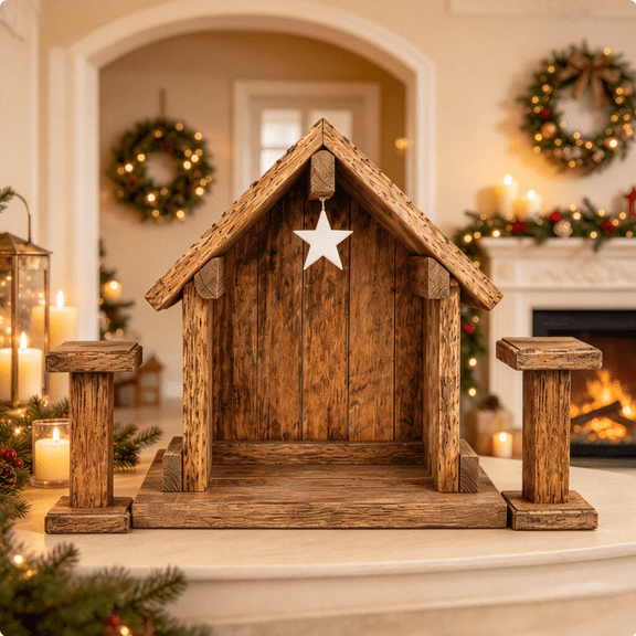 Wooden Nativity Manger Display, Rustic Christmas Tabletop Decoration with Star Accent, Versatile Holiday Centerpiece for Mantel, Table and Home.