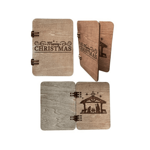 Wooden Nativity Scene Christmas Card, 4x6 inches, Hinged Design with Merry Christmas Engraving