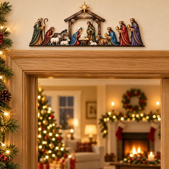 Wooden Nativity Scene, Christmas Door Lintel Decorative Panel with Colorful Printed Details, Holiday Tabletop Display for Mantel Shelf and Entryway