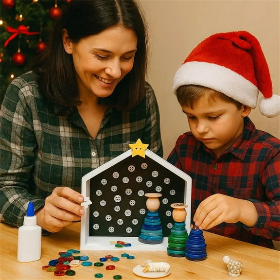 Wooden Nativity Scene Kit - DIY Button Christmas Stable Decor, Handcrafted Holiday Village Centerpiece, Christian Faith-Based Gift Set for Home & Church (12-Piece)