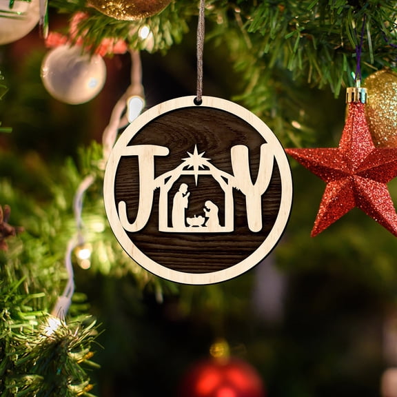 Wooden Nativity Scene Ornament, Christmas Manger Scene Hanging Decoration with Star - Handcrafted Religious Christmas Decor C