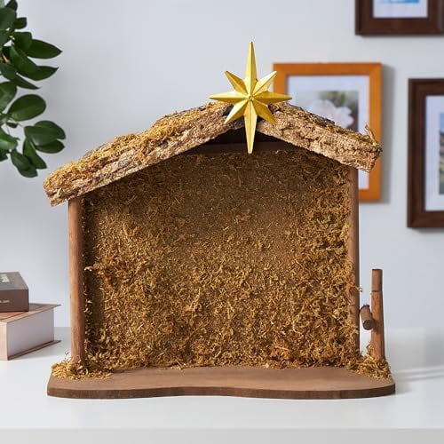 Wooden Nativity Stable 13.8''11.8'' with Bethlehem Star, Fits 7-8'' Holy Family, Christmas Indoor Creche Home Desk Decor, No Figures$$Home Decor, Kitchen, & Other