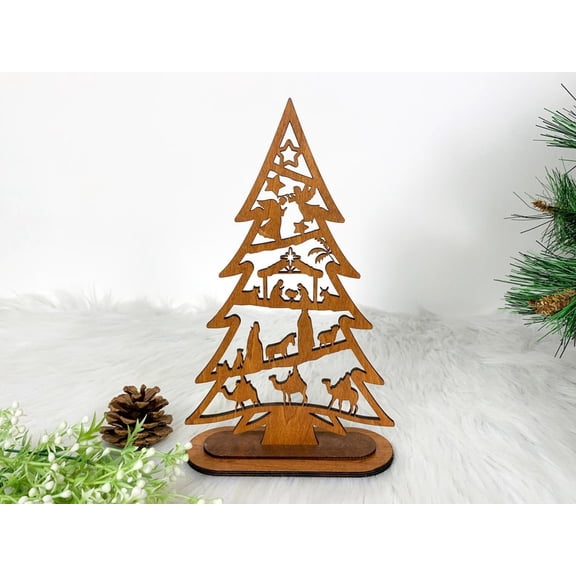 Wooden Nativity Tree with Stand, Religious Nativity Scene Christmas Decoration, Christian Holiday Gift, Meaningful Christmas Story Display