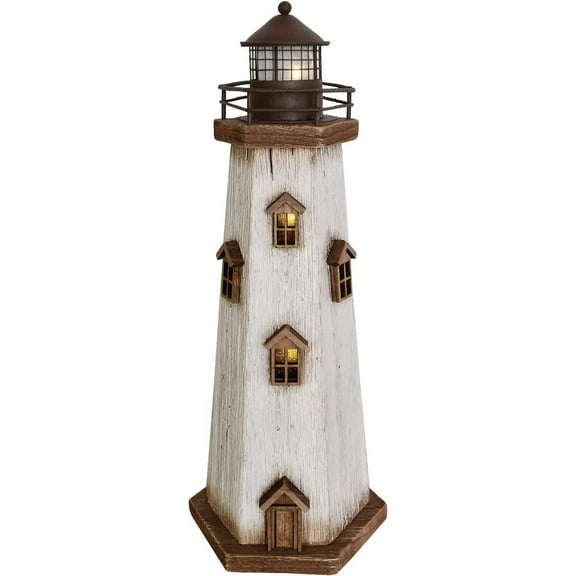 Wooden Nautical Lighthouse Decor with Light, Rustic Painted Tabletop Home Decor, 16" H