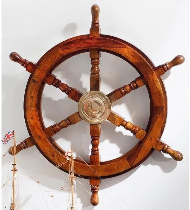 Nautical 30" Dark Brown Wooden Ship Wheel with Brass Accent