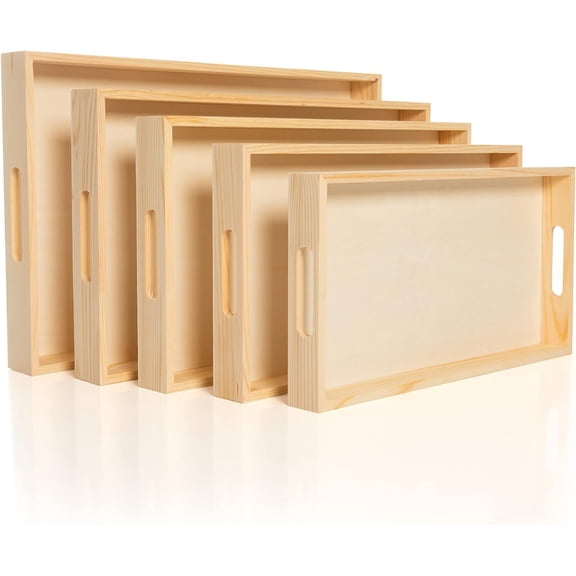 Wooden Nested Serving Trays, Unfinished Rectangle Trays with Cut-Out Handles for Crafts, Ottomans, and Home Dcor Set of 5