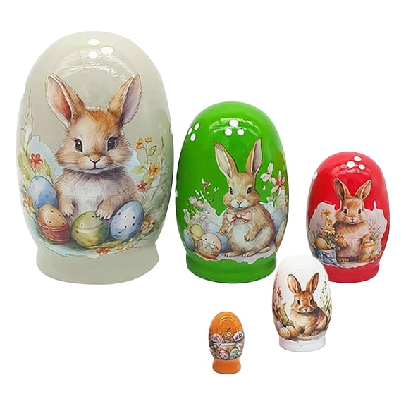 Wooden Nesting Dolls Set with Rabbit and Egg Prints Traditional Stackable Handcrafted Figurines for Home Decor Display
