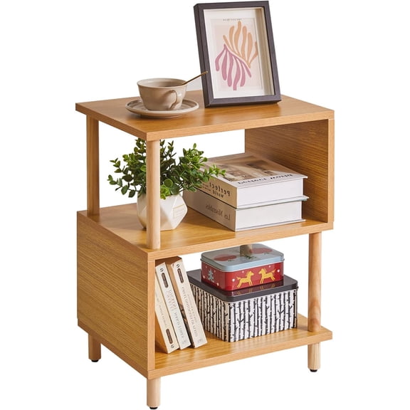 Wooden Night Stand with Open Shelf, Nightstand with Solid Wood Legs, S-Shaped Bed Side Table 3 Tier, End Table Natural Wood