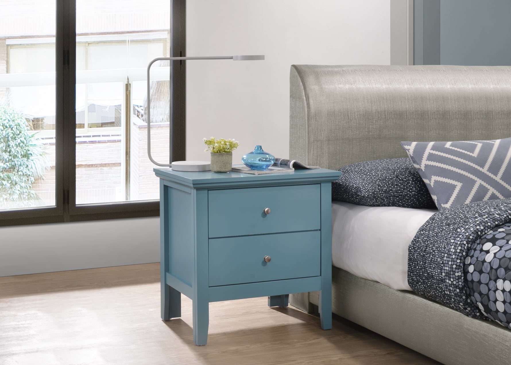Teal Blue 2-Drawer Wooden Nightstand with Metal Handles