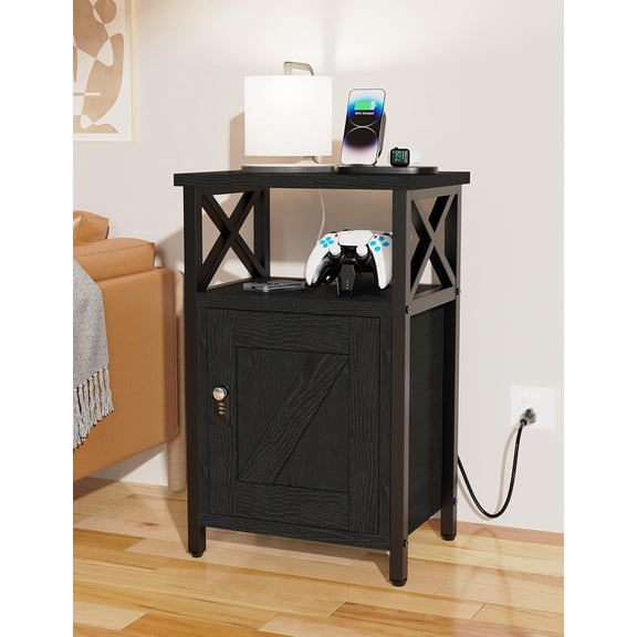 Wooden Nightstand with Charging Station, Bed Side Table with Drawers, Bedside Table with Lock, 3 USB & 2 Outlets, Night Stand with Cabinet Storage, End Table for Bedroom, Black