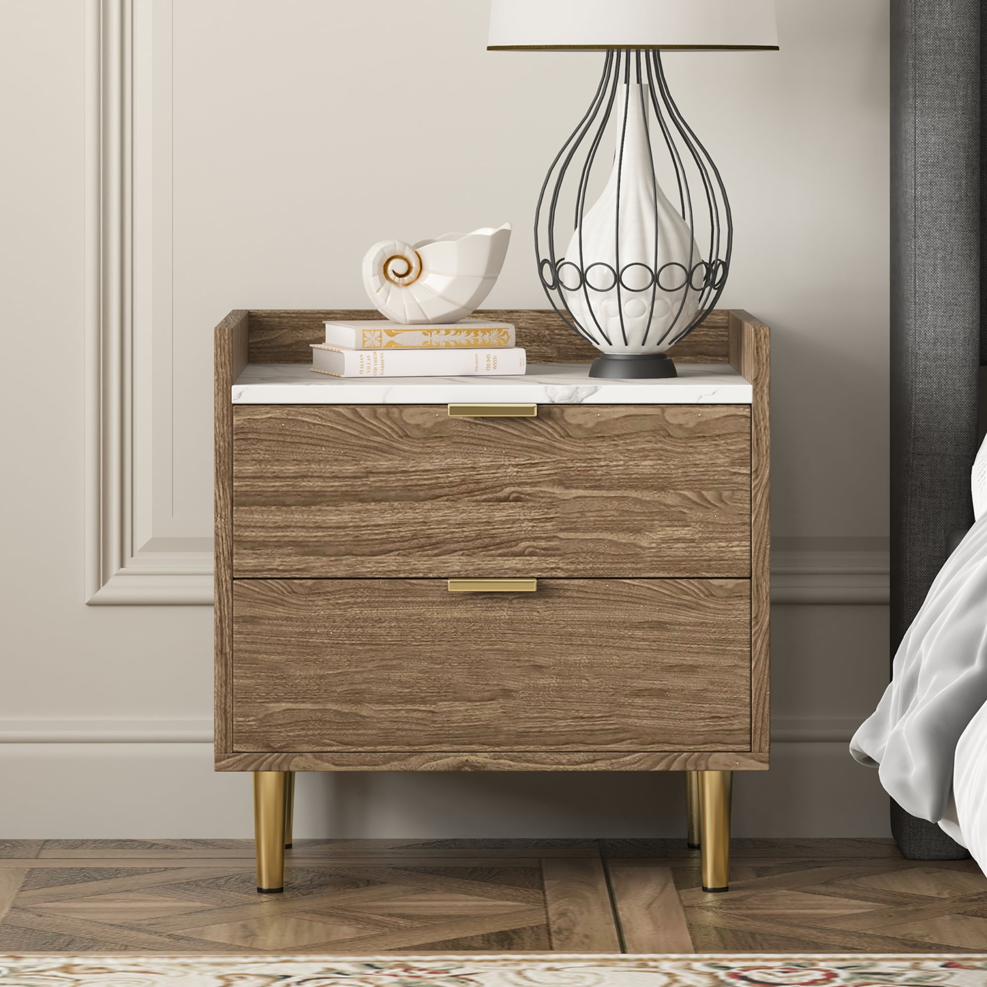 Wooden Nightstand End Table with 2 Drawers and Marbling Worktop,Mordern ...