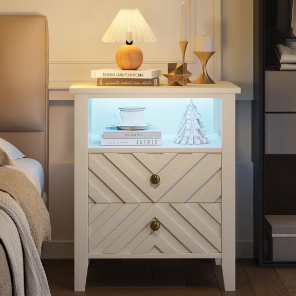 Wooden Nightstand LED Night Stand with 2 Storage Drawers and Stable Wooden Legs. Farmhouse Nightstand w/ V-shaped Design & Open Shelf. Rustic  Table for Bedroom