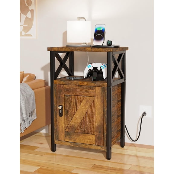 Wooden Nightstand with Lock, Bed Side Table with Drawers, Bedside Table with Charging Station, 3 USB & 2 Outlets, Night Stand with Storage, End Tables for Living Room, Bedroom, Dorm, Brown