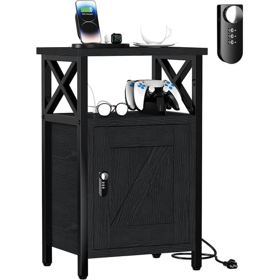 Wooden Nightstand with Lock, Bed Side Table with Drawers, Bedside Table with Charging Station, 3 USB & 2 Outlets, Night Stand with Storage, End Tables for Living Room, Bedroom