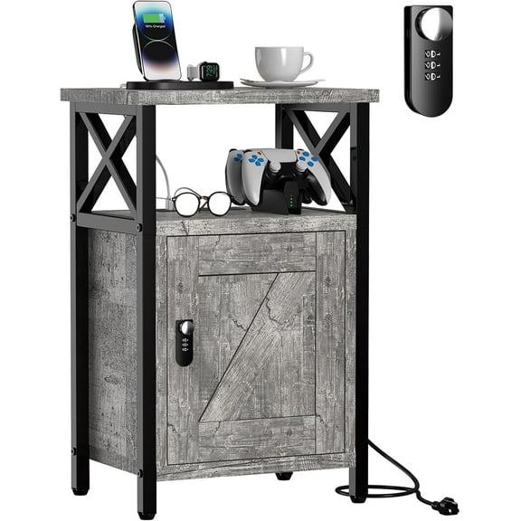 Wooden Nightstand with Lock, Bed Side Table with Drawers, Bedside Table with Charging Station, 3 USB & 2 Outlets, Night Stand with Storage, End Tables for Living Room, Bedroom