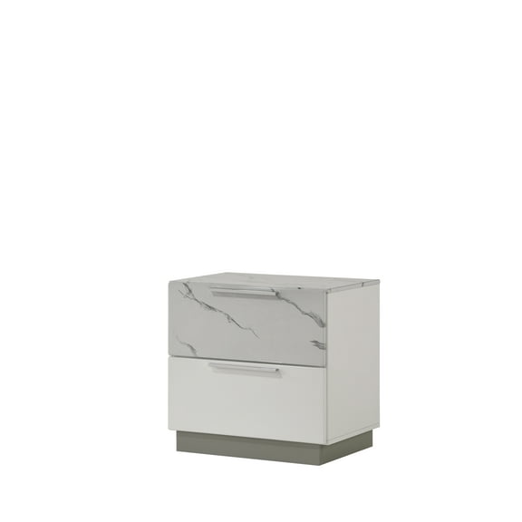 Wooden Nightstand Mist Nightstand – Two-Tone High-Gloss Marble & Lacquer Finish with Two Drawers, Velvet-Lined Interior, and a Compact Elegant Design,Modern Nightstand