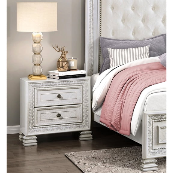 Wooden Nightstand of 2 Dovetail Drawers | Bedroom Decor with Classic Accents | Antiqued Knobs and Cedar Veneer | Resolves Bedroom Clutter Problems