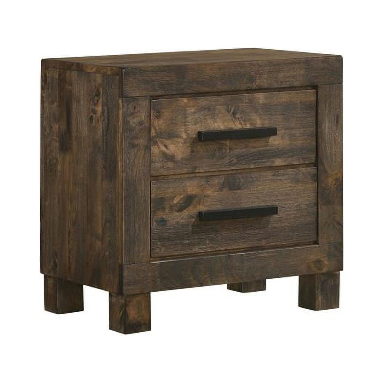 Elegant Brown Hardwood Nightstand with Veneer Grain Detailing and 2 Drawers
