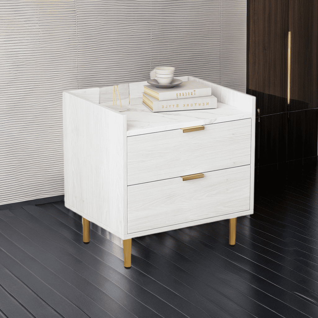 Wooden Nightstand with 2 Drawers and Marbling Worktop, Mordern Wood ...