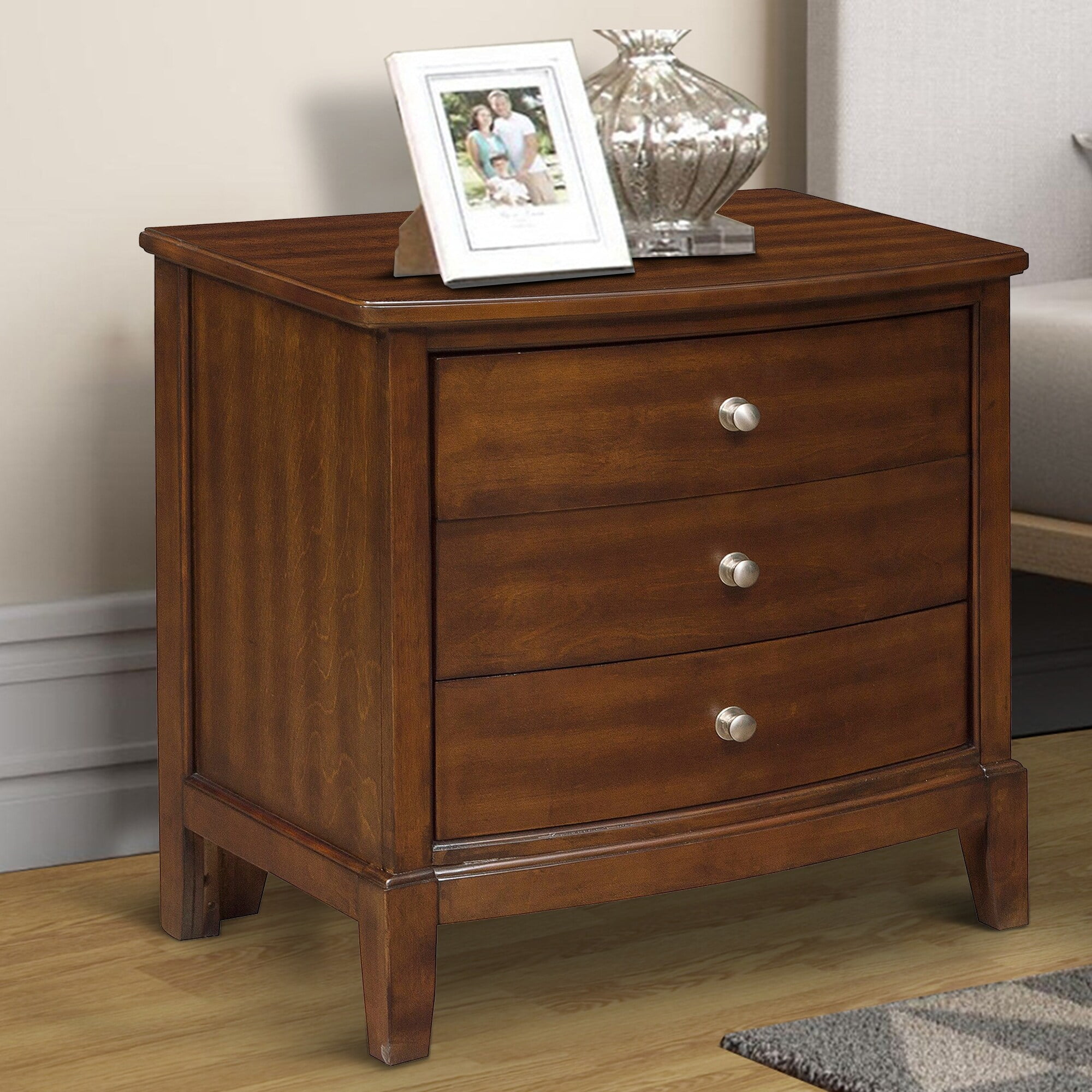 Benjara Dark Brown Solid Wood 3-Drawer Nightstand