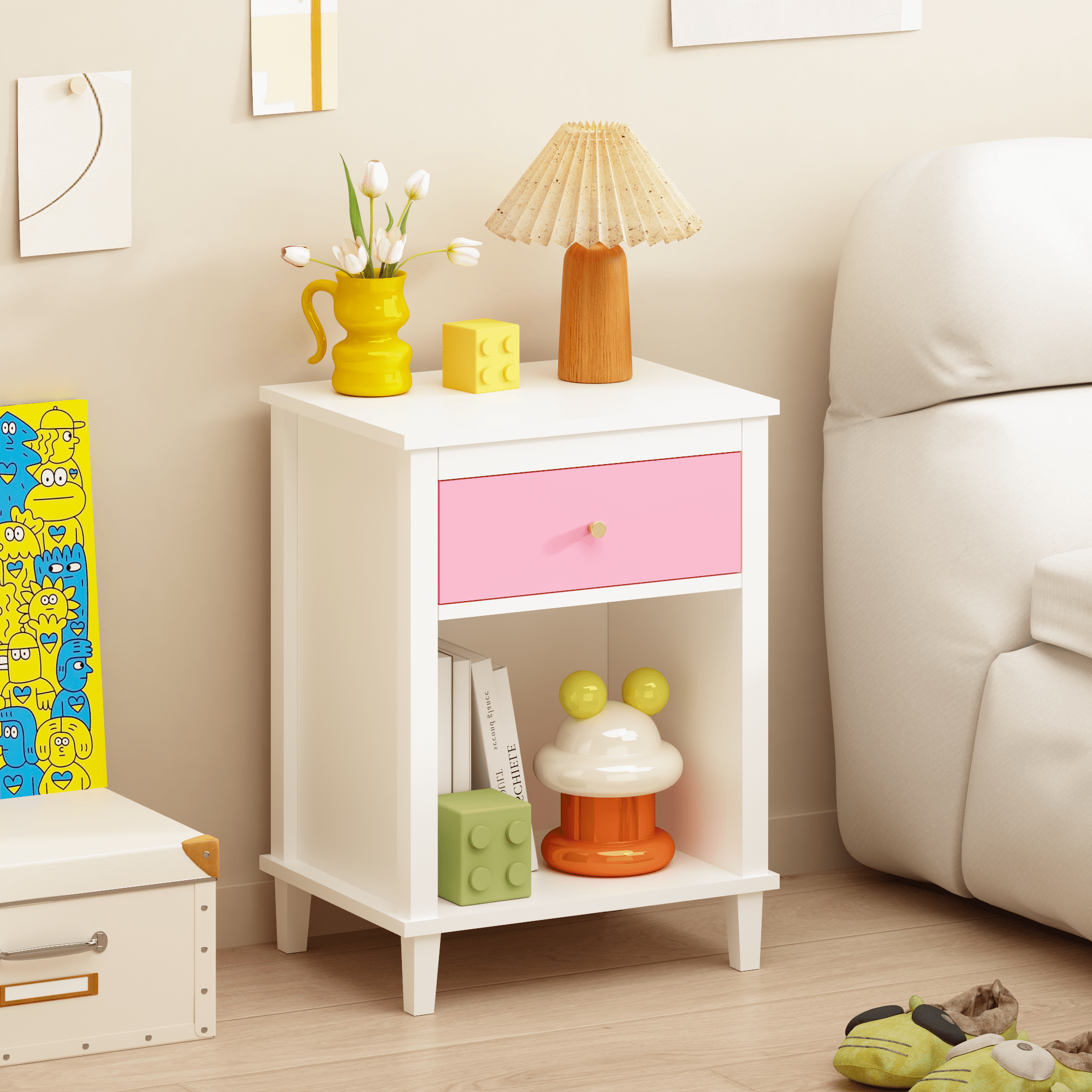 Wooden Nightstand with Drawer & Open Shelf, Pink + White with Golden Handle, Kids Bedside Table for Bedroom