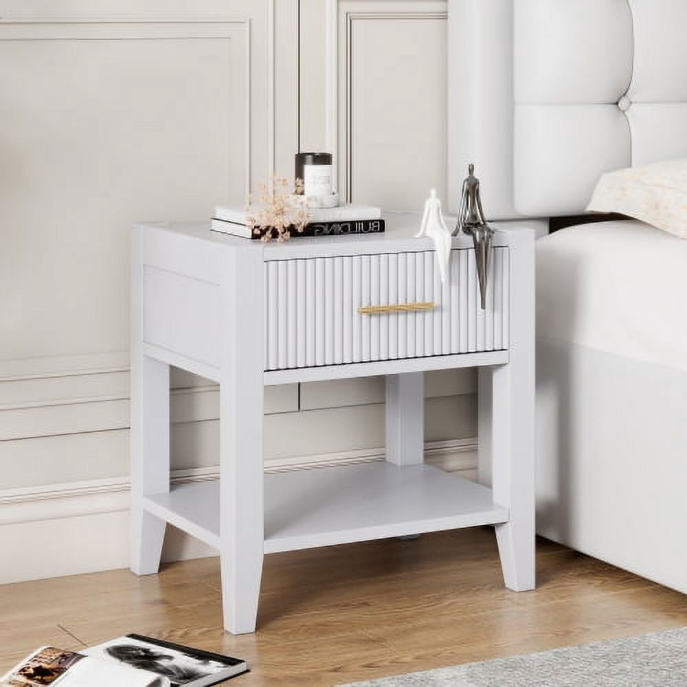 Wooden Nightstand with Gold Handle, Bedside Table with 1 Open Storage and 1 Drawer, End Table for Living Room, Bedroom, White