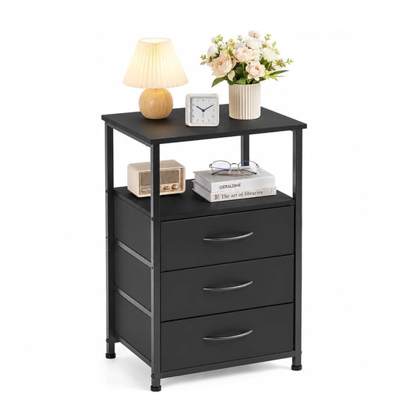 Wooden Nightstand with LED Light, 3 Drawers, 2-Tier Shelf & Charging Station, Bedside Table for Home & Office