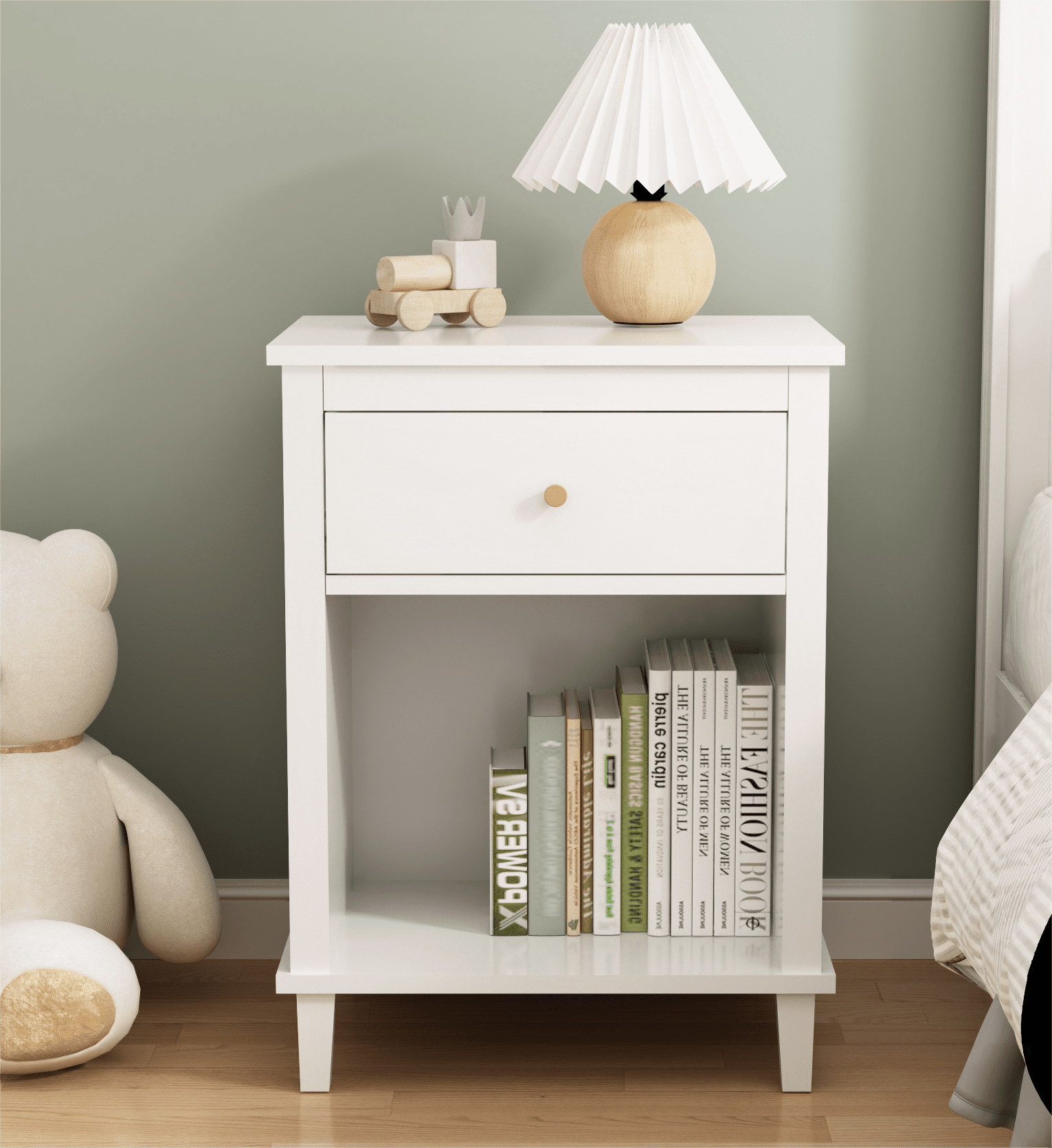 Wooden Nightstand with One Drawer One Shelf Modern Bedside Tables for Kids Adults White Walmart Business Supplies