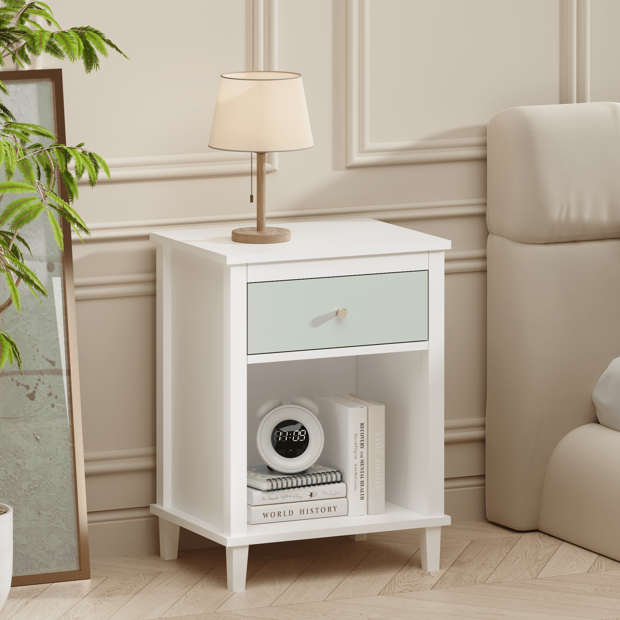 Wooden Nightstand with One Drawer & One Shelf for Kids,Adults,26.77''H,Green