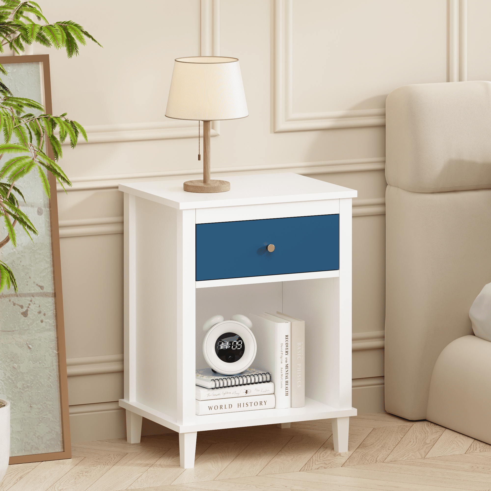 Wooden Nightstand with One Drawer & One Shelf for Kids,Adults,26.77''H,Navy