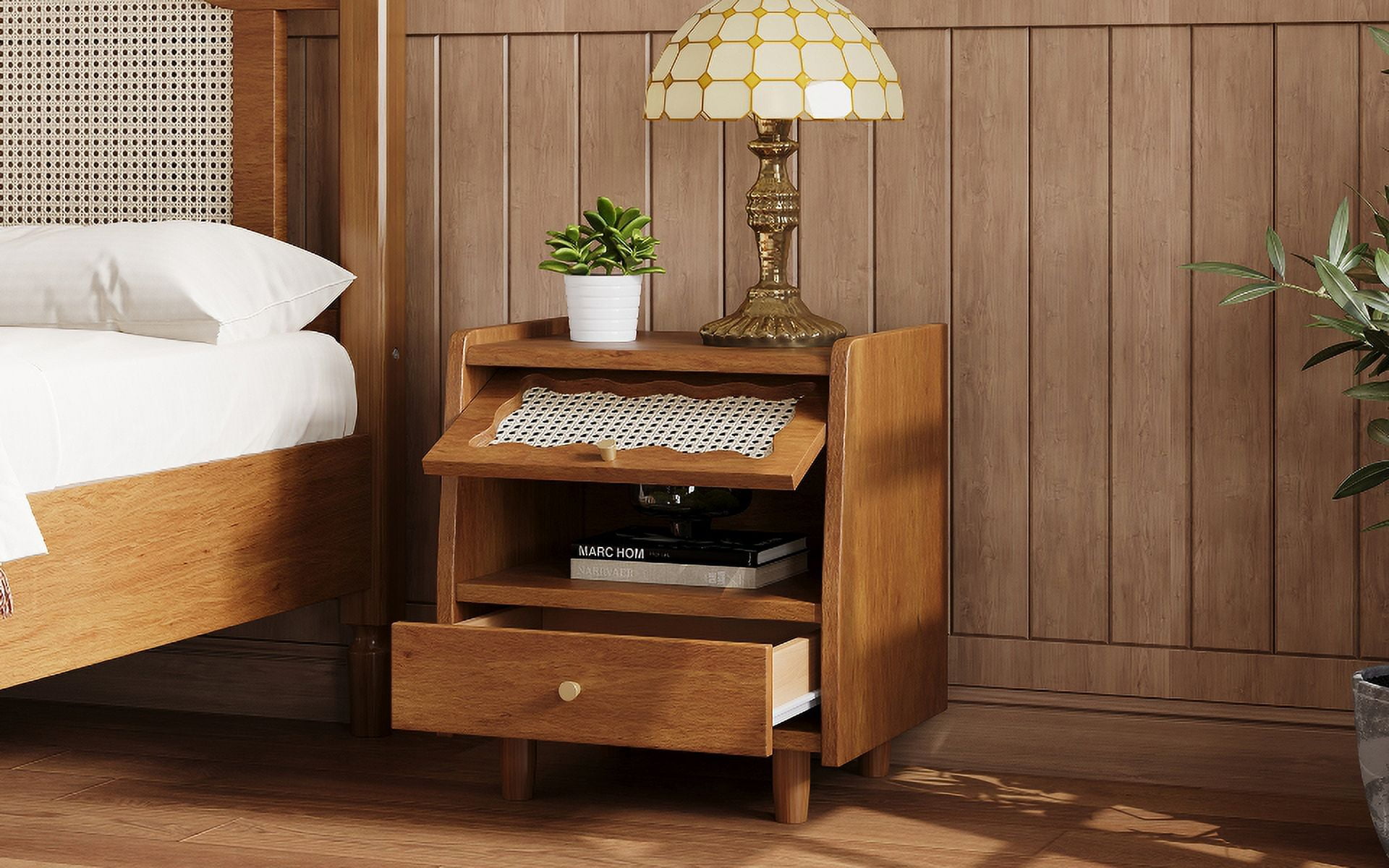 Walnut Wooden Nightstand with Rattan-Woven Flip-Top Cabinet and Drawer