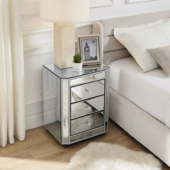 Wooden Nightstands 3-Drawer Mirrored Nightstand Bedside Table, Modern End Side Table, Mirrored Nightstand, Mirrored Side Table for Living Room, Bedroom, Entryway 17.7"W x 13.8"D x 23.6"H,Bedside Nigh