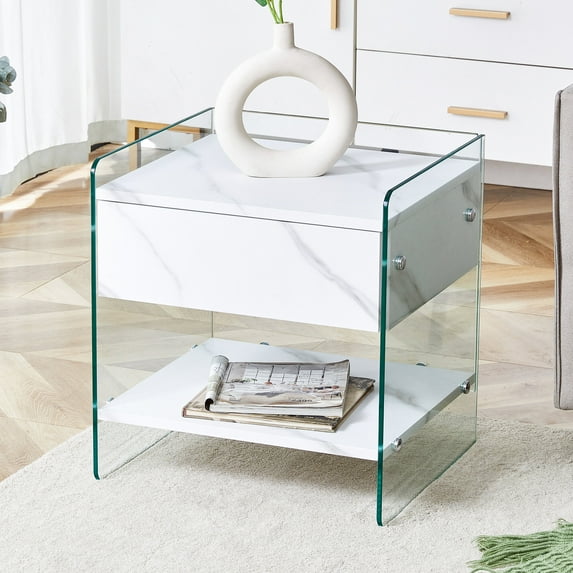 Wooden Nightstands Bedside table with drawers. The board surface is MDF sticker, and both sides are transparent tempered glass. The design is simple and elegant, with excellent storage functions.,Bed