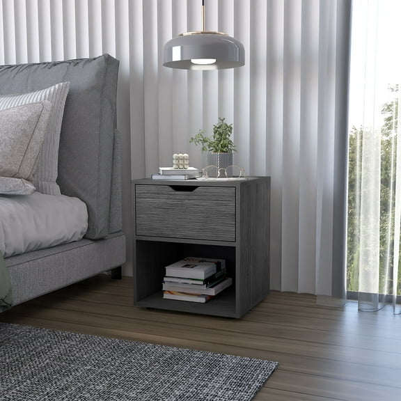 Wooden Nightstands FM FURNITURE Elliott Nightstand with Elegant Drawer and Open Shelf, Ligth Gray,Bedside Nightstands