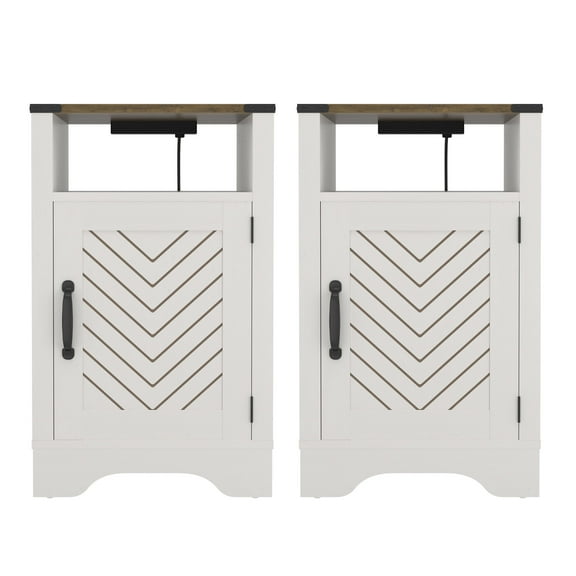 Wooden Nightstands Farmhouse Nightstand Side Table, Wooden Rustic End Table, Tall Bedside Table with Electrical Outlets Charging Station (2 Sets) - White & Oak,Bedside Nightstands