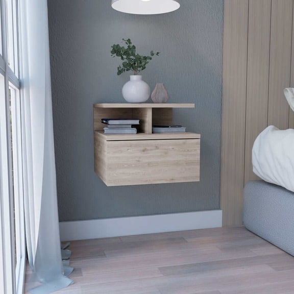 Wooden Nightstands Floating Nightstand 12"H, Wall Mounted with Single Drawer and 2-Tier Shelf, Light Gray,Bedside Nightstands