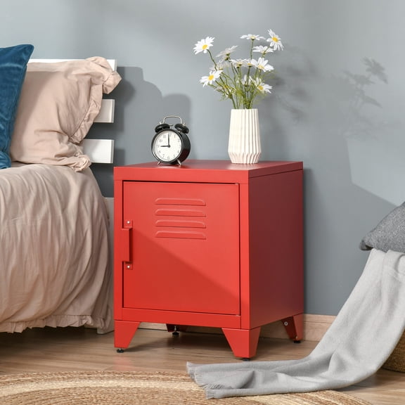 Wooden Nightstands HOMCOM Industrial End Table, Living Room Side Table with Locker-Style Door and Adjustable Shelf, Red,Nightstands With Drawers