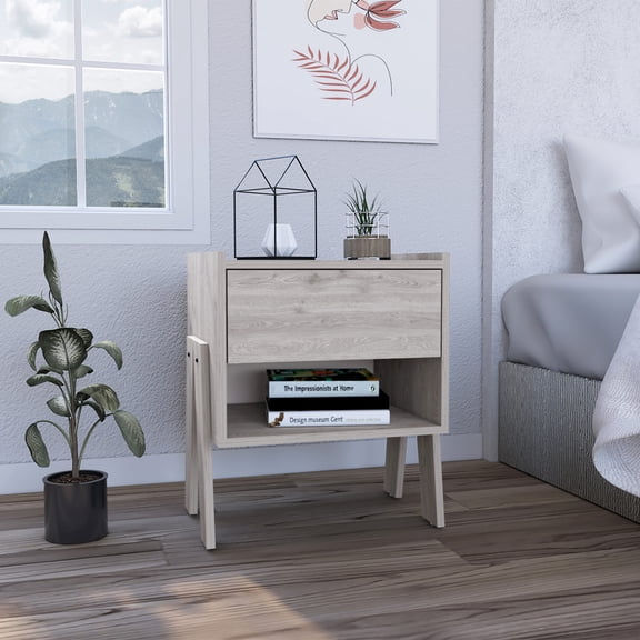 Wooden Nightstands Joy Nightstand , End Table, Side Table Four Legs, One Open Shelf, One Drawer -Light Gray,Bedside Nightstands