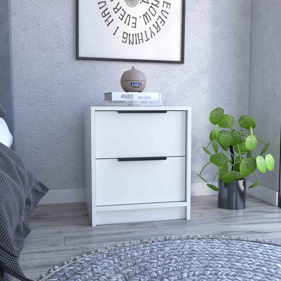Wooden Nightstands Kaia Nightstand , End Table, Side Table Two Drawers, Metal Handle -White,Bedside Nightstands