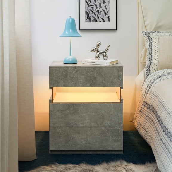 Wooden Nightstands LED Nightstands 3 Drawer Dresser for Bedroom End Table with Acrylic Board LED Bedside Tables (Gray),Bedside Nightstands